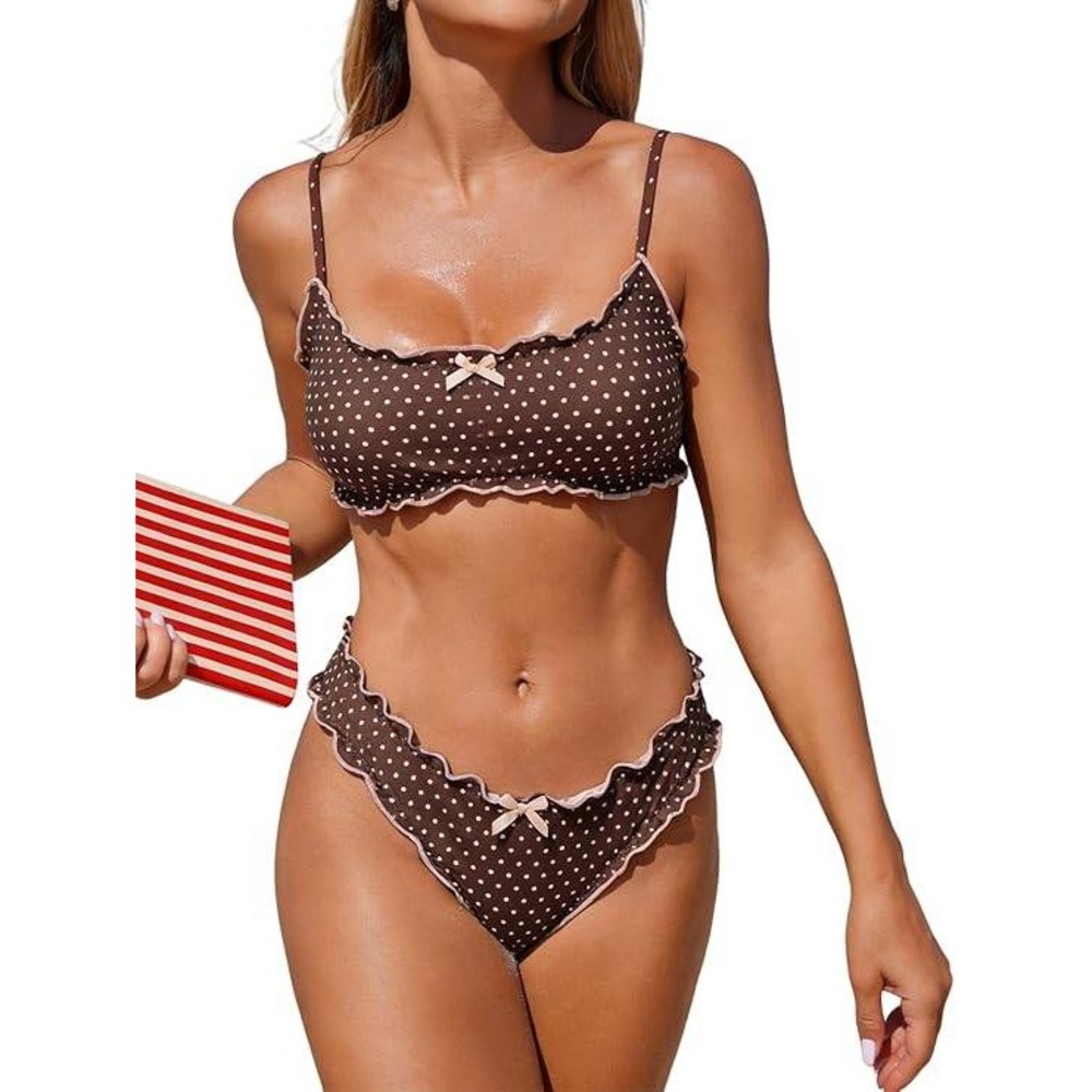 Zaful Brown Polka Dot Ruffled Bikini Set Two Piece Swimsuit Size L New